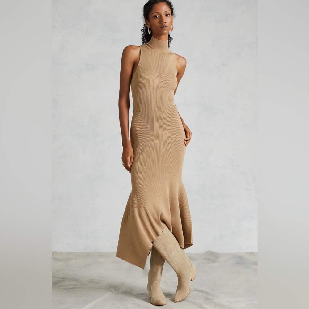 Anthropologie NWOT Mock Neck Midi Dress Cedar Tan Medium